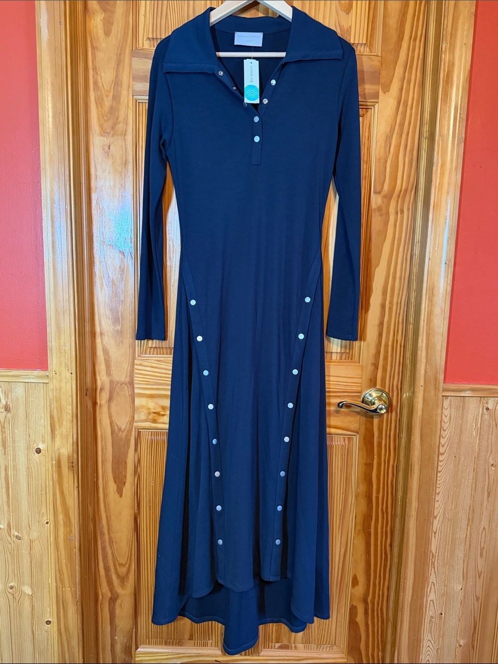Modern Citizen Jersey Navy Long-Sleeve Polo-Style Maxi Dress with Button Details